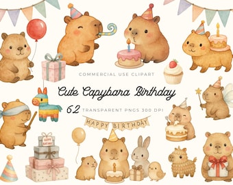 Niedliche Capybara Geburtstag Clipart PNG, entzückende launische Kawaii Tier Aquarell Illustration, Einladungskarte, die Scrapbook-Digital-Aufkleber macht