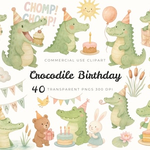 Puede incluir: Ilustraciones en acuarela de caimanes de dibujos animados celebrando un cumpleaños. La imagen incluye caimanes con gorros de fiesta, pastel, globos y regalos. El texto dice "Crocodile Birthday" y "40 PNG transparentes 300 DPI".