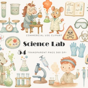 May include: A collection of watercolour science lab clipart featuring a unicorn, mice, and a child in lab coats, along with laboratory equipment like beakers, test tubes, a microscope, DNA, safety goggles, and a centrifuge, with the text Science Lab.