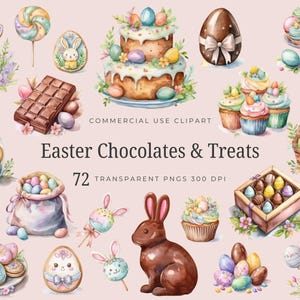 May include: Watercolor illustrations of Easter chocolates and treats, including chocolate eggs, cupcakes, chocolate bunnies, and a chocolate cake decorated with pastel-colored eggs. The illustrations are on a light pink background.