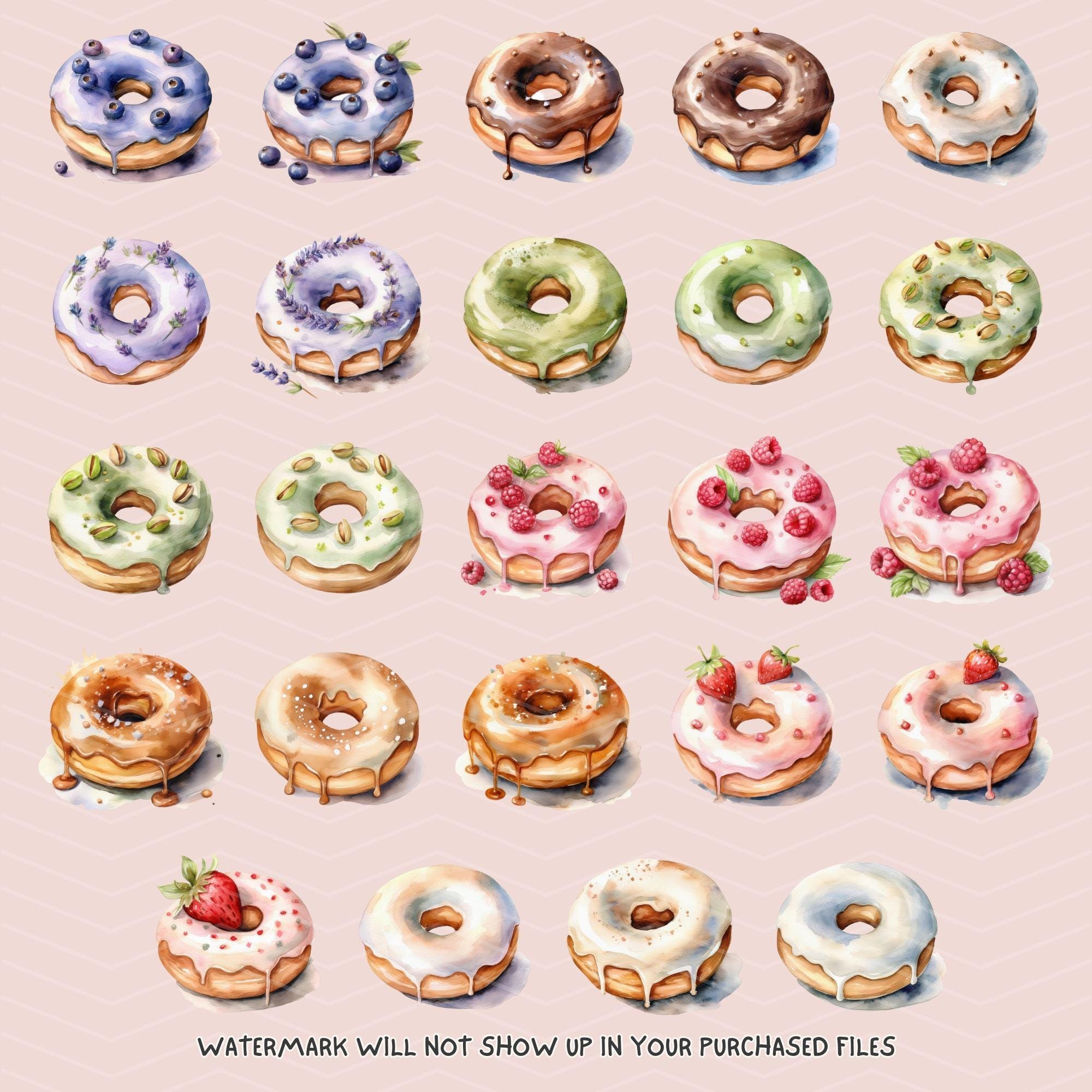 24 Delectable Donuts Clipart PNG, Hand-drawn Style Food Watercolor ...