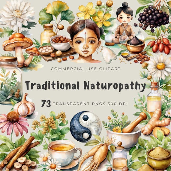 Traditional Naturopathy Clipart PNG, Hand-drawn Style Graphic Warm Cozy Watercolor Illustration POD Natural Wellness Planner Digital Sticker