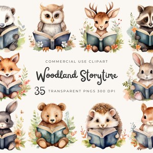 Clipart de l'heure du conte animaux de la forêt PNG lecture mignonne blaireau ours lapin cerf renard hérisson hibou raton laveur écureuil aquarelle pépinière illustration