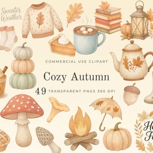 Peut inclure: Illustration à l'aquarelle avec des éléments sur le thème de l'automne. Comprend un pull, des citrouilles, une tarte, une tasse de cacao, une lanterne, une théière, des bottes et le texte "Cozy Autumn". Palette de couleurs chaleureuse.