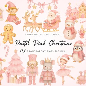 May include: Watercolor illustrations of Christmas-themed elements in pastel pink. Includes Santa in a sleigh, reindeer, a snowman, gingerbread man, elf, and other festive decorations. Text reads "Pastel Pink Christmas".