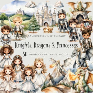 Ridders, draken en prinsessen clipart png, fantasie magisch kasteel sprookjesachtige aquarel illustratie afbeelding, digitale sticker kaart maken POD