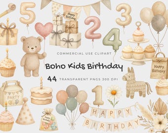Boho Kinder Geburtstagsparty Clipart PNG, niedlicher Bär, neutrale Aquarell Doodle Illustration, Einladungskarte, die Scrapbook-Digital-Aufkleber macht