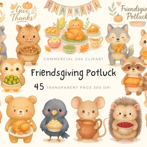 Può includere: Illustrazioni ad acquerello di animali del bosco, ognuno con piatti del Ringraziamento. L'immagine include uno striscione con la scritta "Thankful" e il testo "Friendsgiving Potluck". Le illustrazioni sono in una palette di colori tenui e caldi, perfette per progetti a tema autunnale.