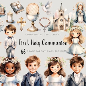 66 Paquete de gráficos de acuarela de primera comunión PNG, niño y niña, católico, cristiano, religioso, para hacer tarjetas de boletín de iglesias religiosas