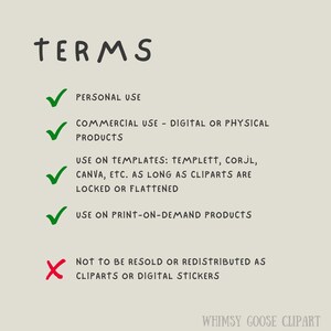 K&ouml;nnte beinhalten: Beige Grafik mit dem Wort &bdquo;TERMS&ldquo; in handschriftlicher Schrift. Der Text listet die zul&auml;ssigen Verwendungen von Cliparts auf, einschlie&szlig;lich privater und kommerzieller Nutzung sowie der Verwendung auf Vorlagen und Print-on-Demand-Produkten. Ein rotes &bdquo;X&ldquo; zeigt an, was nicht erlaubt ist.