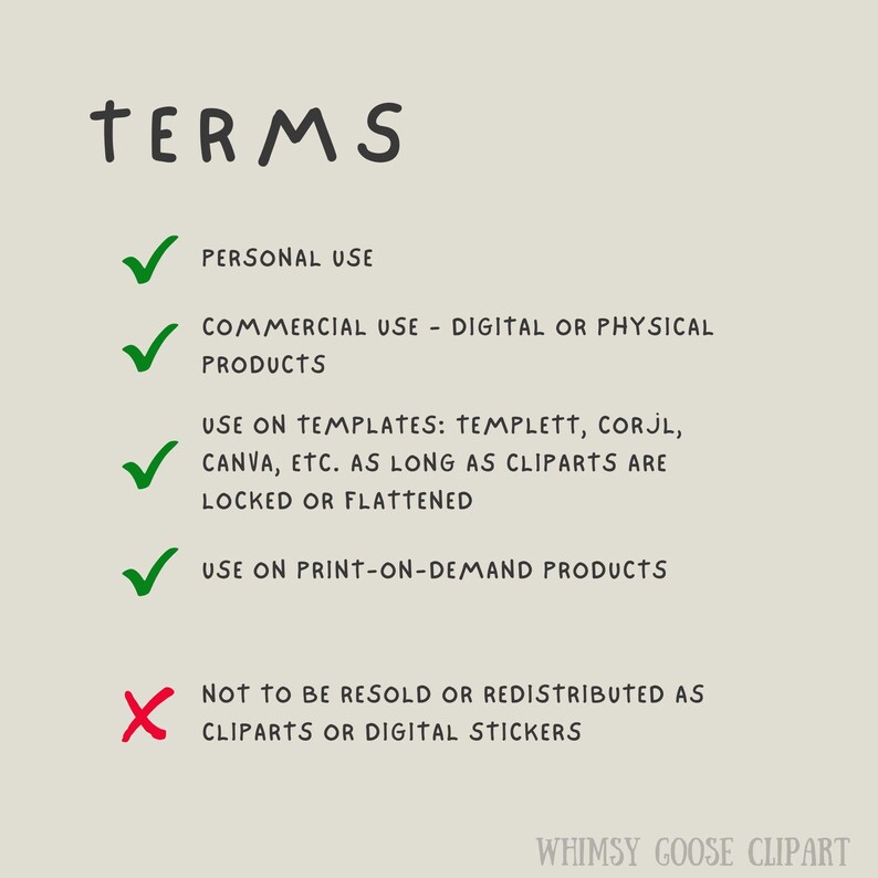 K&ouml;nnte beinhalten: Beige Grafik mit dem Wort &bdquo;TERMS&ldquo; in handschriftlicher Schrift. Der Text listet die zul&auml;ssigen Verwendungen von Cliparts auf, einschlie&szlig;lich privater und kommerzieller Nutzung sowie der Verwendung auf Vorlagen und Print-on-Demand-Produkten. Ein rotes &bdquo;X&ldquo; zeigt an, was nicht erlaubt ist.