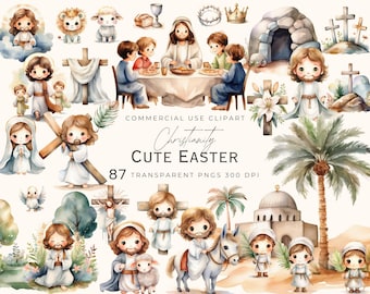 Christentum Niedlich Ostern Clipart Religiöses PNG Jesus Aquarell Er ist auferstanden Kreuz Auferstehung Katholischer Glaube Bibel Geschichte Andachts-Tagebuch