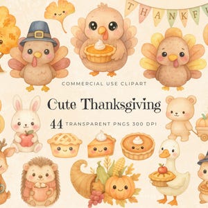Könnte beinhalten: Aquarell-Illustration mit niedlichen Thanksgiving-Cliparts. Enthält Truthähne, Kürbisse, Kuchen, einen Bären, ein Kaninchen, ein Reh, einen Igel und ein Eichhörnchen. Der Text "Cute Thanksgiving" wird mit "44 transparente PNGs 300 DPI" angezeigt.