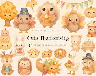 Niedliches Thanksgiving Clipart Set, Kawaii Truthahn Tier Herbst Ernte Füllhorn Aquarell PNG für Herbst digitale Aufkleber Scrapbook Party einladen