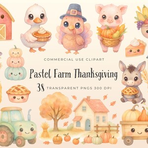 Peut inclure: Illustrations à l'aquarelle sur le thème de l'action de grâce à la ferme pastel. Comprend divers animaux mignons, des citrouilles, des tartes et un tracteur. Le texte indique "Pastel Farm Thanksgiving" et "38 Transparent PNGs 300 DPI".