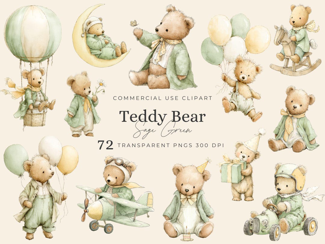 Teddy Bear Clipart Set - Sage Green Nursery, Birthday & Baby Shower ...