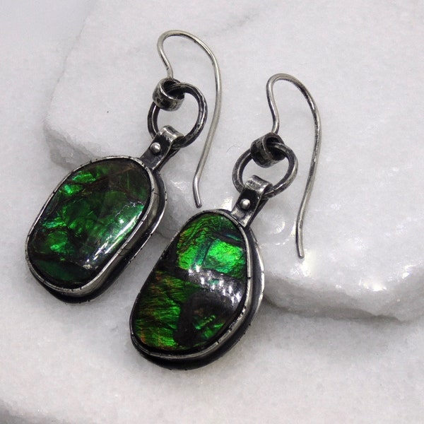 Vibrant Canadian green Ammonite with blue tint Ammonite Ammolite modern earrings