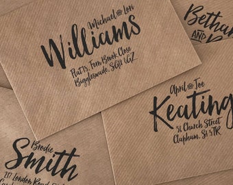 Pre addressed envelope set, C6 Kraft wedding stationery in modern calligraphy style font