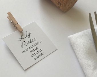 Wedding menu place cards with guest meal choice and dietary requirements