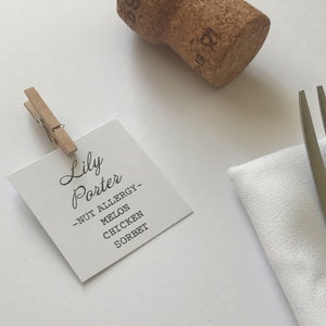 Wedding menu place cards with guest meal choice and dietary requirements