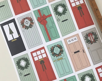 Christmas doors wrapping paper of xmas houses and festive wreaths, A2 sheets, 100GSM gift wrap