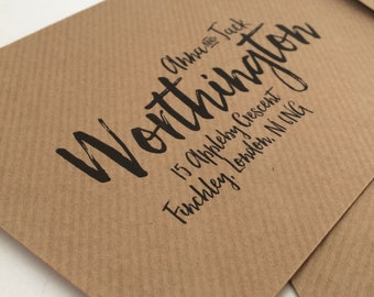 Personalised kraft envelopes with modern calligraphy font for pre addressed guest wedding invitations, C6 sized