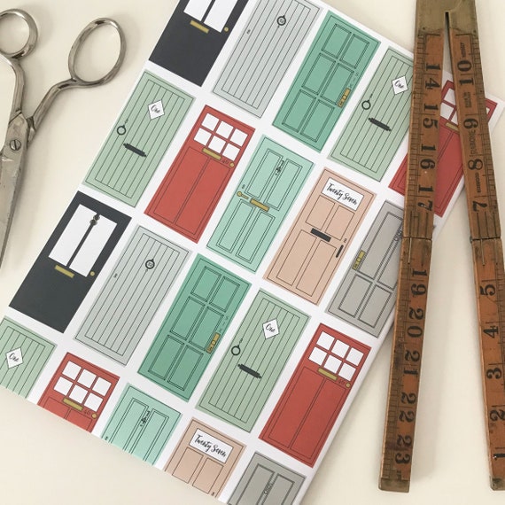 New Home wrapping paper of colourful front doors, gift wrap for moving day present or homeowner gifting