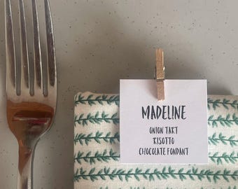 Menu placecards with peg showing meal choice in modern calligraphy style font