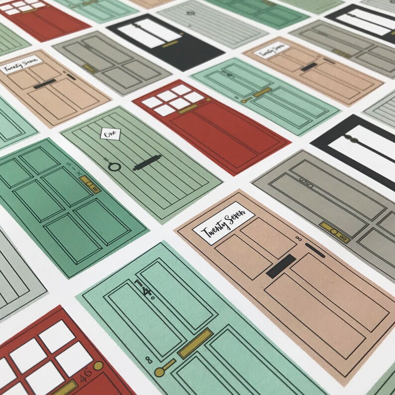 May include: A set of colorful door stickers with various numbers and text, including "Twenty Seven". The stickers are printed on white paper and feature a variety of colors, including red, green, blue, and black.