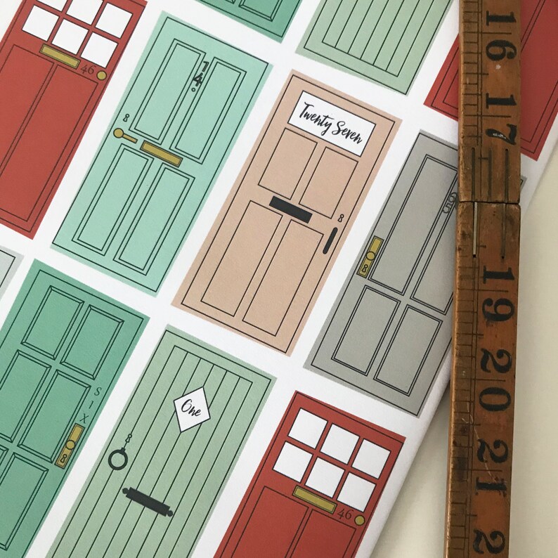 May include: A white background with a repeating pattern of colorful doors. Each door has a number on it, including "One", "Six", "Twenty Seven", and "Forty Six".