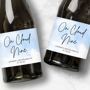 On Cloud Nine Champagne Labels, Personalization Available, Cloudy Blue Sky