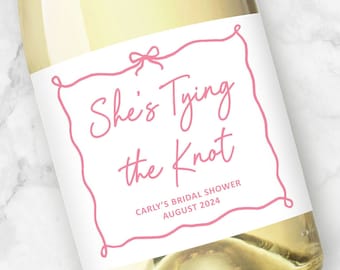 Shes Tying the Knot | Custom Wine or Champagne Labels | Ribbon Pink Bow Bridal Shower Favors