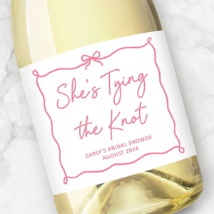 Shes Tying the Knot | Custom Wine or Champagne Labels | Ribbon Pink Bow Bridal Shower Favors