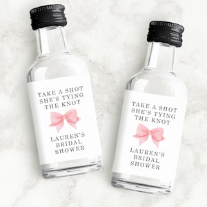 She's Tying the Knot | Custom Mini Liquor Bottle Labels | Pink Bow Bridal Shower Favors