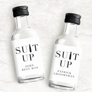 Suit Up Mini Liquor Bottle Labels with Tie | Personalized Groomsman Proposals