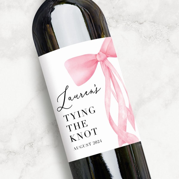 Custom Bow Bridal Shower Wine Labels | She's Tying The Knot Bachelorette Party Favors | Coquette Pink Bow