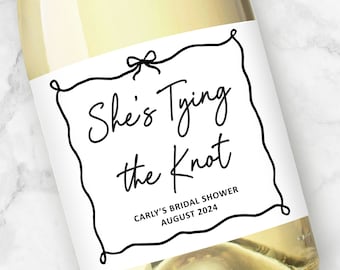 She's Tying the Knot | Custom Wine or Champagne Labels | Ribbon Black Bow Bridal Shower Favors