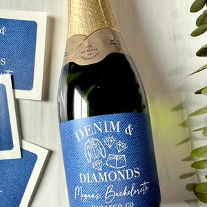 Personalized Denim & Diamonds Mini Champagne Wine Label Bachelorette Party Favor Blue Jean | Forever Labels