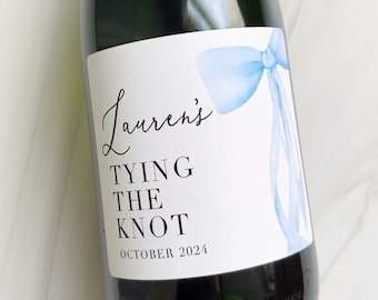 Custom Blue Bow Bridal Shower Wine Labels | She's Tying The Knot Bachelorette Party Favors