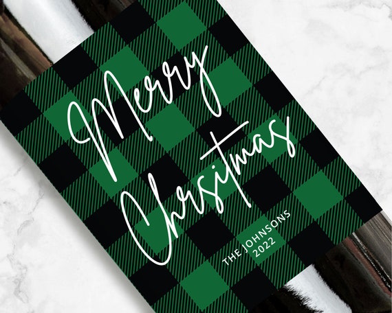 Merry Christmas Wine or Champagne Label, Green Flannel, Personalized Gift