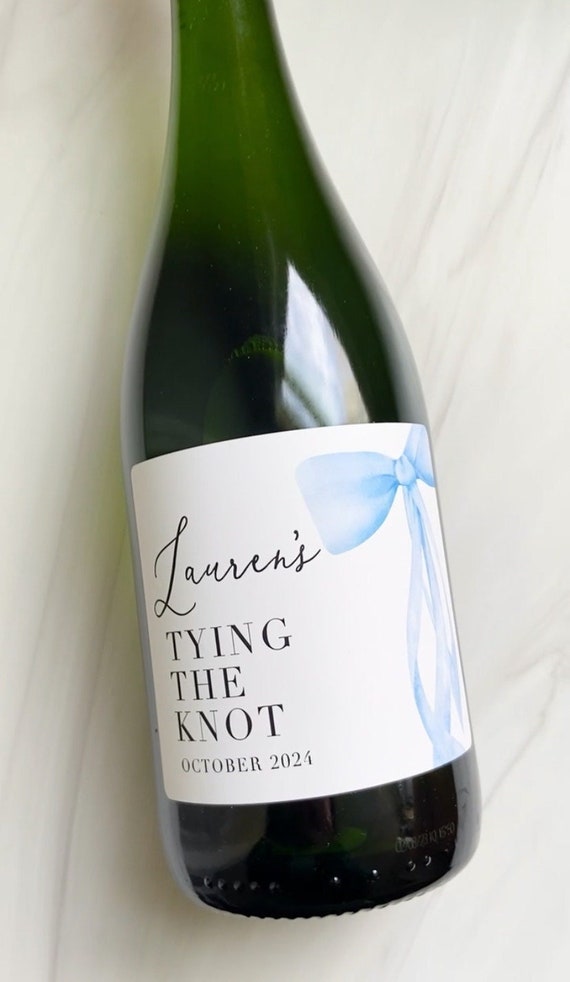 Custom Blue Bow Bridal Shower Wine Labels | She's Tying The Knot Bachelorette Party Favors
