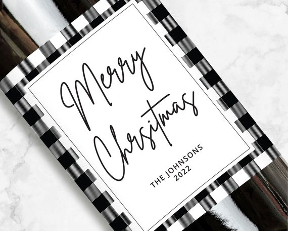 Merry Christmas Wine or Champagne Label, White Flannel, Personalized Gift