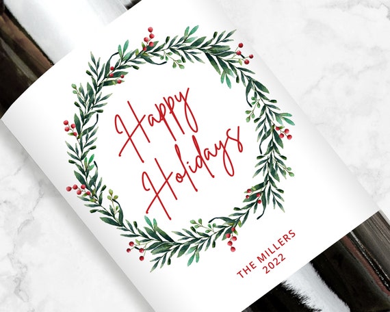 Personalized Happy Holidays Wine or Champagne Label, Wreath Design, Modern Text