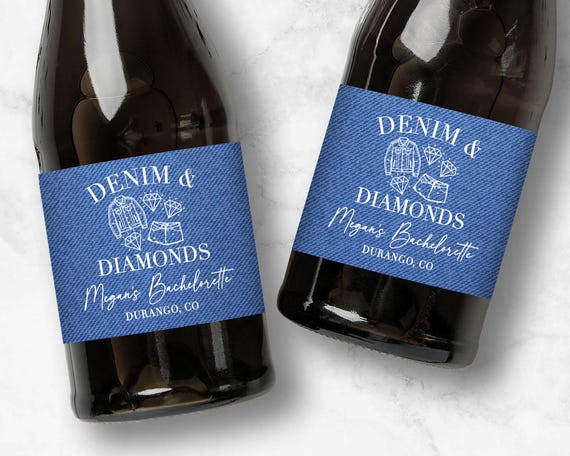 Denim & Diamonds Custom Labels, Bachelorette Party Favors for Wine, Champagne, or Shooters