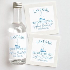 Last Sail Before the Veil Custom Shooter Labels | Sailing Bachelorette Favors | Blue and White Coastal Beach Bachelorette Bridesmaid Gifts with Sailboat Illustration