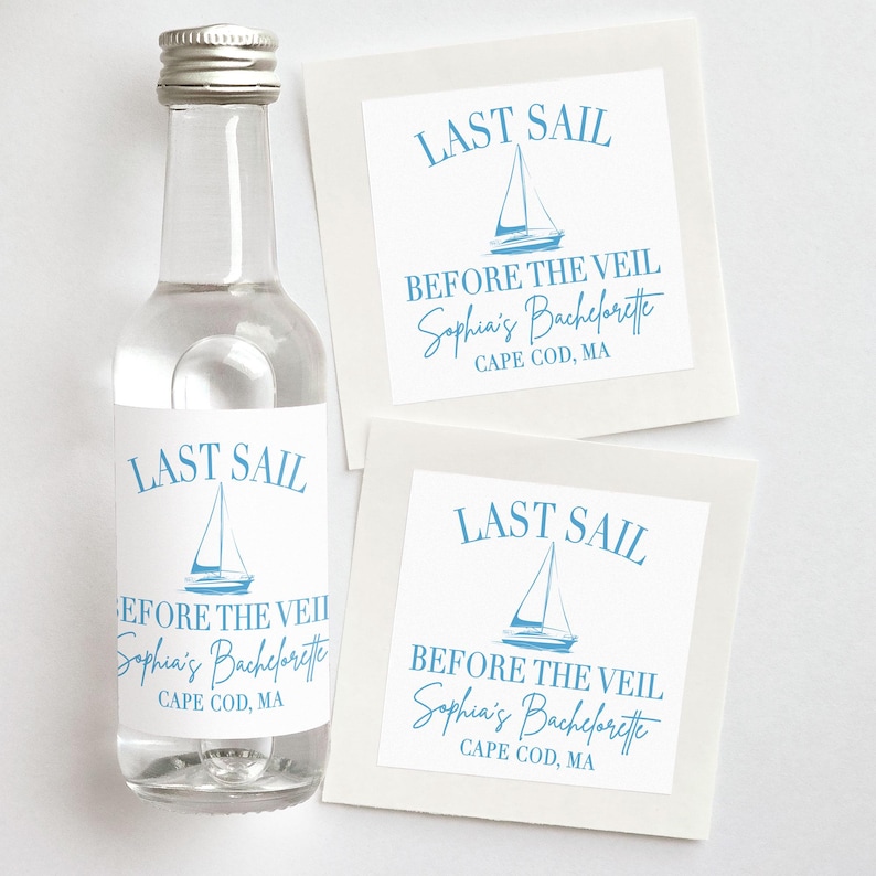 Last Sail Before the Veil Custom Shooter Labels | Sailing Bachelorette Favors | Blue and White Coastal Beach Bachelorette Bridesmaid Gifts with Sailboat Illustration