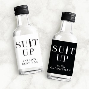 Black and White Suit Up Mini Liquor Bottle Labels with Tie | Personalized Groomsman Proposals