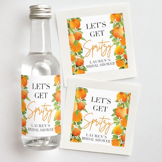 Let's Get Spritzy Custom Shooter Labels | Citrus Bridal Shower Favors with Orange Fruit Border