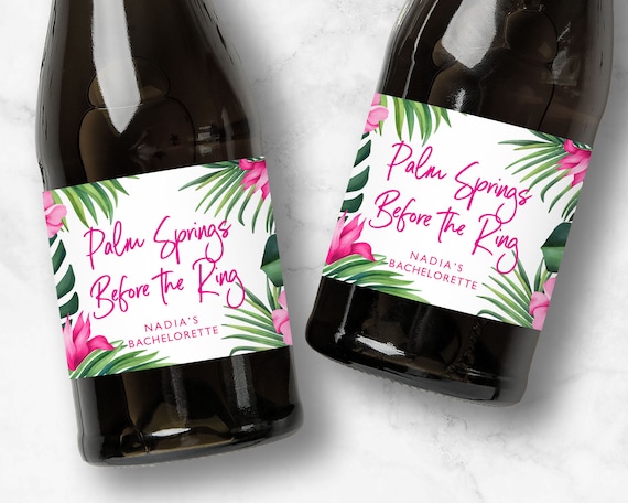 Palm Springs Before The Ring Champagne Labels, Pink Tropical Bachelorette Favors