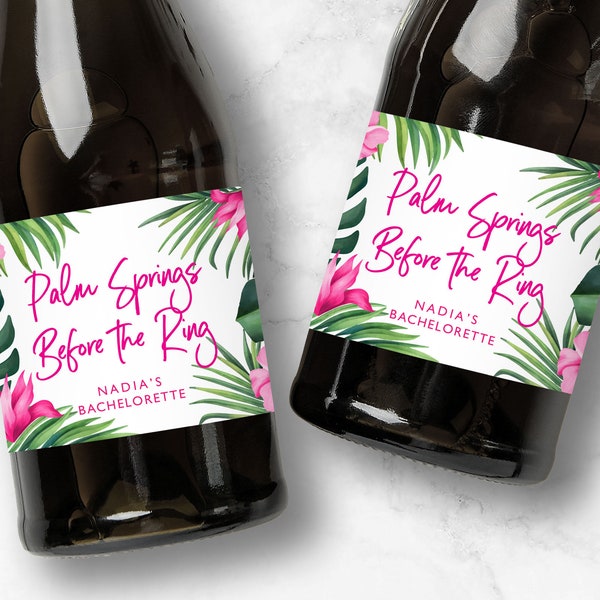 Palm Springs Before The Ring Champagne Labels, Pink Tropical Bachelorette Favors